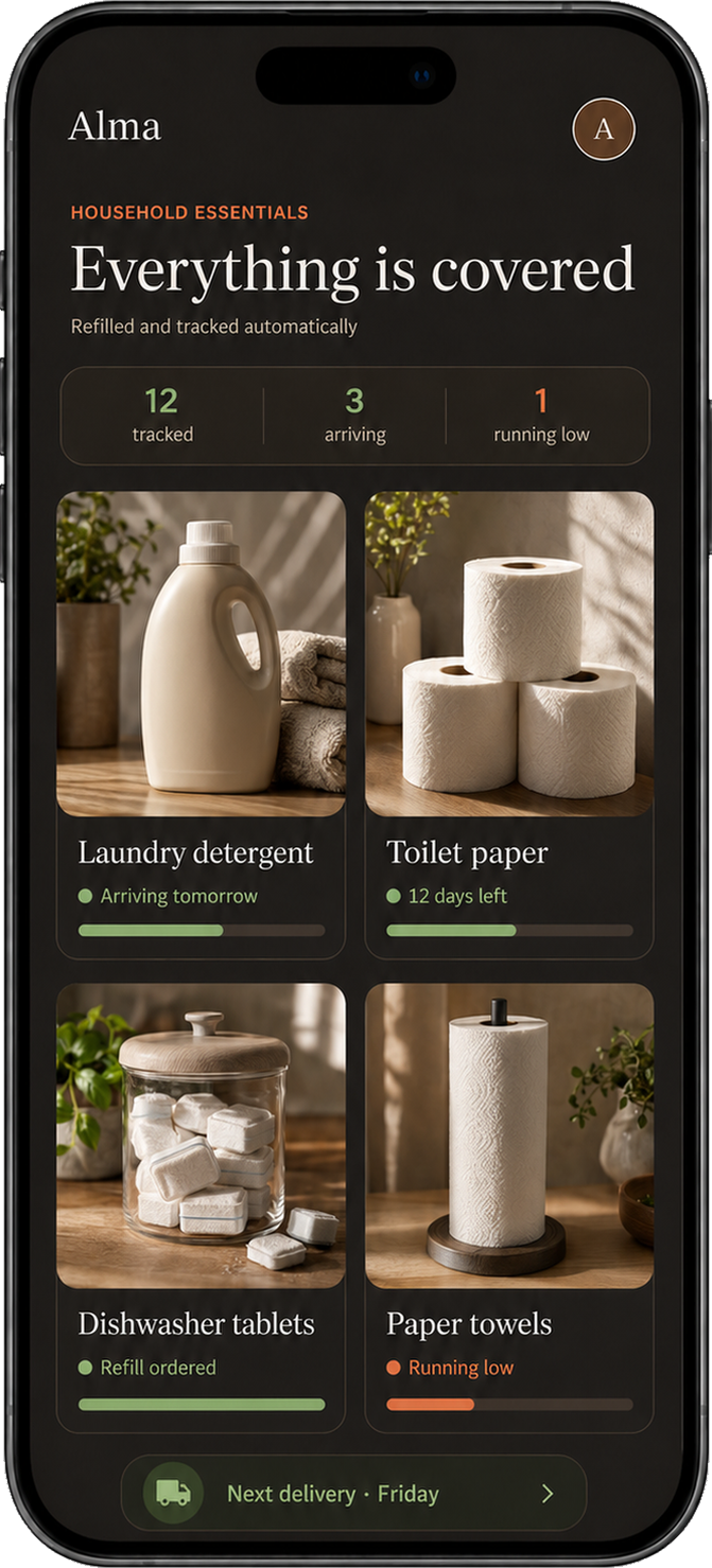 Alma household essentials — track refills and reorder