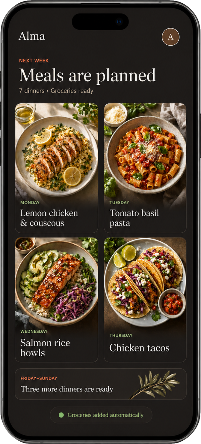 Alma meal planning — a week of family dinners and grocery list