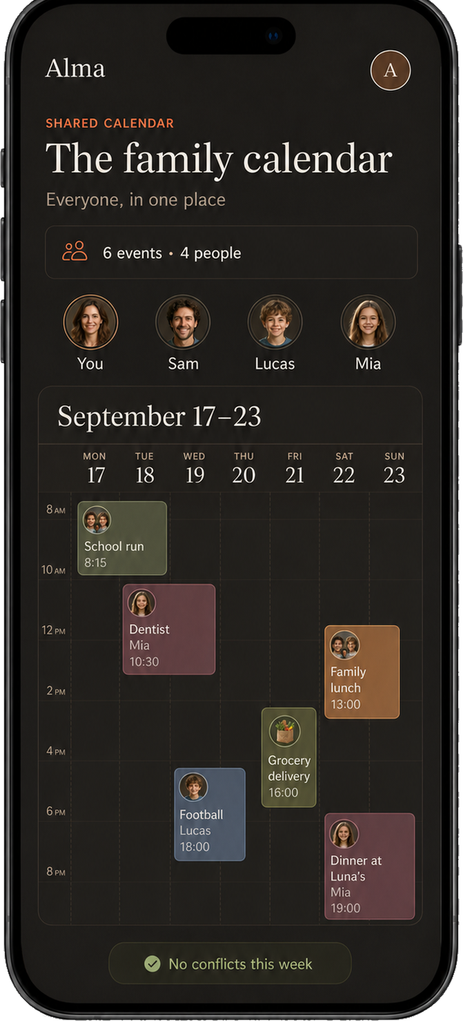Alma shared family calendar — school, activities, and reminders